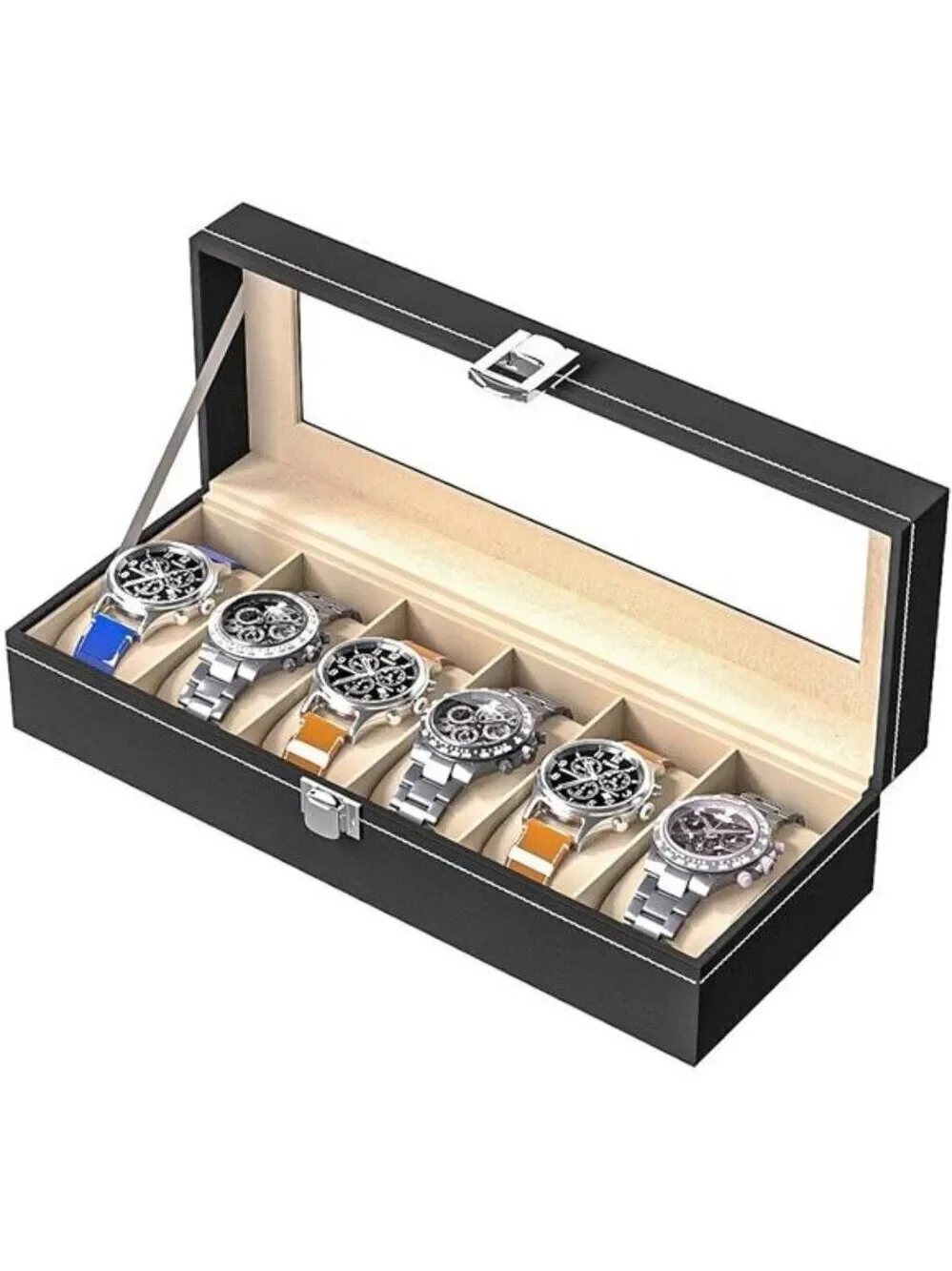 Black Leather Watch Display Box Organizer Case with Glass Lid 6 Slot Storage